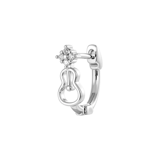 Silver violin-shaped earring with zircon flower design on a clean white background