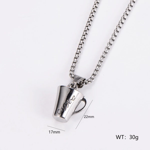 Polished stainless steel coffee cup pendant with engraved text and product dimensions