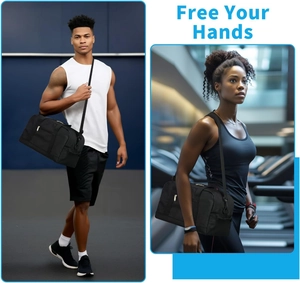 Mini black nylon gym bag with adjustable strap shown in gym setting for men and women