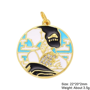 Detail of round enamel portrait pendant with gold plating and cubic zirconia accents