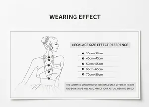 Detailed necklace length size chart showing 30cm to 80cm fit on a female silhouette