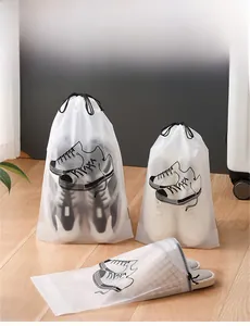 Frosted drawstring storage bags with sneaker graphic shown in a cozy home setting