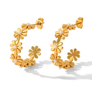 Elegant 18K gold plated stainless steel flower stud earrings with white pearl center
