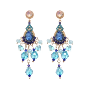 Vintage gold crystal tassel earrings with deep blue gemstones in bohemian drop style