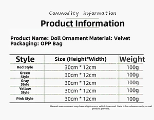 Detailed size chart for Christmas knit hat dolls showing heights weights and materials