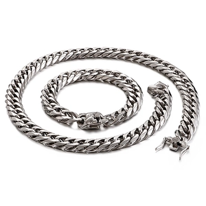 Polished silver stainless steel Cuban link necklace and bracelet jewelry set for men