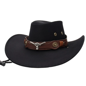 Black western cowboy hat with a bull head metal plaque and brown leather band detail