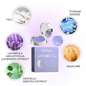 Macro display of lavender matte powder ingredients including squalane and centella extract