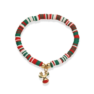Bracelet de Noël avec perles d'argile rouge blanc vert et pendentif renne doré
