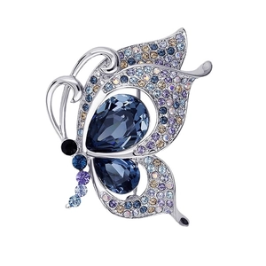 Elegant butterfly brooch with vibrant multi-colored crystals and polished silver finish