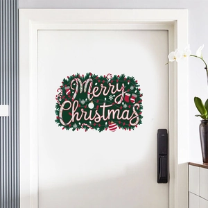 Merry Christmas festive wall stickers with art lettering and holiday icons for door decor