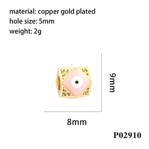 Detailed size specifications for a gold-plated copper evil eye charm with pink enamel