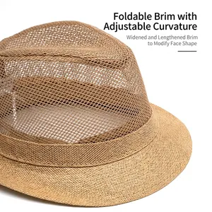 Chapeau Fedora respirant en paille kaki pour hommes avec large bord et maille fine