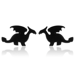 Polished black stainless steel dragon stud earrings in symmetrical winged dragon design