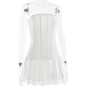 Detail of white strapless mini dress featuring a corset bodice and flared mesh skirt