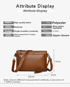 Detailed view of brown leather bag dimensions 24x15x6cm with multi-layer zipper structure