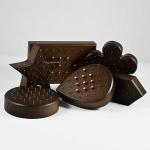 Dark walnut wood jewelry display boards in star and cloud shapes with metal pins