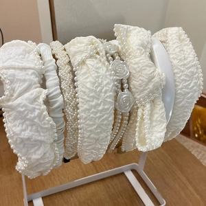 Set of cream white pleated fabric headbands and pearl woven headbands for women