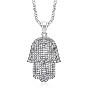 Hand of Fatima pendant necklace in silver stainless steel with sparkling rhinestones