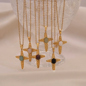 Natural Stone Cross Pendant Necklace Stainless Steel Hammered Texture Gold Plated Clavicle Chain Jewelry For Women