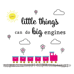 Cartoon wall decal with sun, clouds, train and little things can do big engines text