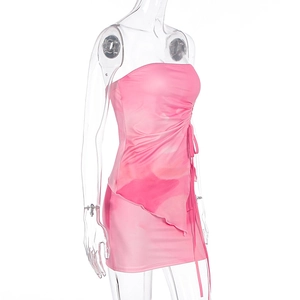 Detailed view of pink tie-dye tube dress with side drawstring ruching and irregular hem