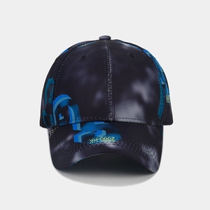 Detailed front view of black baseball cap with blue geometric prints and YH-0907 brim text
