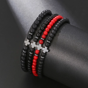 Men Beaded Bracelet Lava Stone Hematite Red Turquoise Elastic Cord Alloy Cross Charm Religious Faith Gothic Jewelry Gift