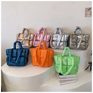 Women Quilted Puffer Tote Bag Metallic Glossy Padded Cotton Large Capacity Shoulder Handbag Square Pattern Fashion
