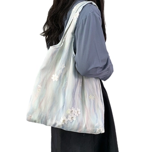 Cabas en toile brodé de fleurs avec imprimé aquarelle pour femme, idéal pour le quotidien