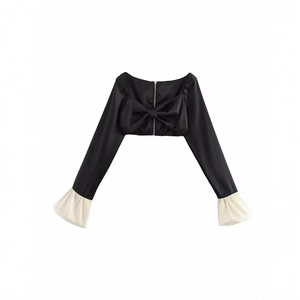 Schwarzes Damen Crop Top Langarm mit großer Rückenschleife und Rüschenbündchen