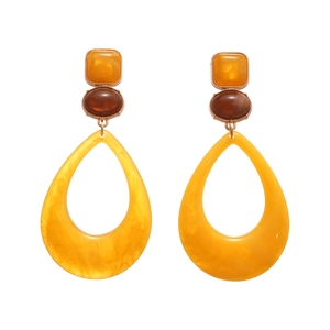 Retro geometric resin drop earrings in yellow, orange, and brown with gold metal settings