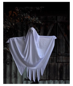 Close-up of white Halloween ghost decoration with black face on a dark wood door background