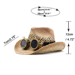 Men's summer straw jazz hat with steampunk goggles and dimensions for a 56-58cm head size