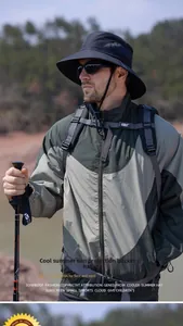Detail of breathable side vents on a black wide brim sun hat for outdoor hiking and fishing