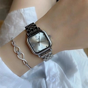 Elegant women's square silver watch with steel strap and matching infinity bracelet set