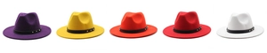Row of colorful wool fedora hats with rivet leather bands in purple yellow red white