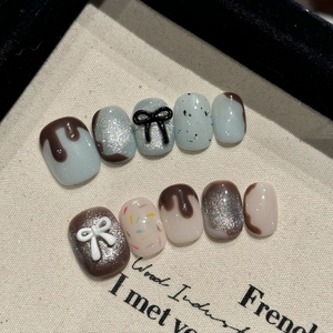 Faux Ongles Faits À La Main Thème Chocolat Noeud 3D Style Français Brillant Paillettes Manucure