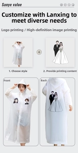 Customized white translucent EVA raincoat showing logo printing options on front and back