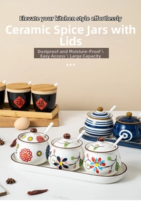 Detail showing ceramic seasoning jar set with floral patterns, wooden lids and spoons