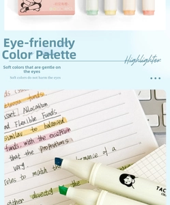 Close-up of 4-piece soft-tone highlighters with cute cartoon design and ink swatches