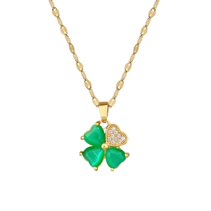 Titanium steel four-leaf clover necklace with green stones and zircon inlay in gold finish
