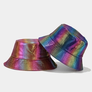 Rainbow iridescent laser bucket hats with metallic texture and futuristic style for fashion