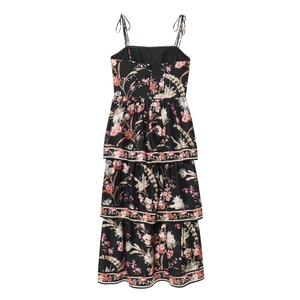 Floral tiered linen blend maxi dress with spaghetti straps and tropical plant prints