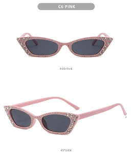 Detailed front and 45-degree side views of pink cat eye sunglasses with rhinestones