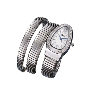 Silver snake-shaped wrap watch for women with sparkling crystal bezel and spiral band