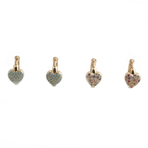 Close-up of golden heart earrings with turquoise and multicolored micro-inlaid stones