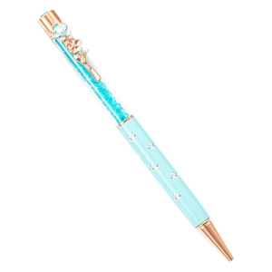Elegant Tiffany blue crystal ballpoint pen with rose gold flower clip and pearl accents