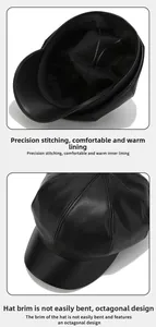 Detail of the high-quality PU leather stitching and warm inner lining of this baker boy hat
