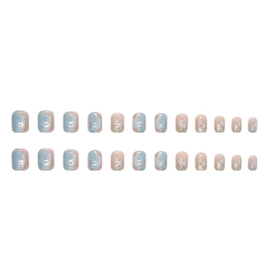 Short round blue oil painting tulip press-on nails with 24 pieces of floral art nail tips